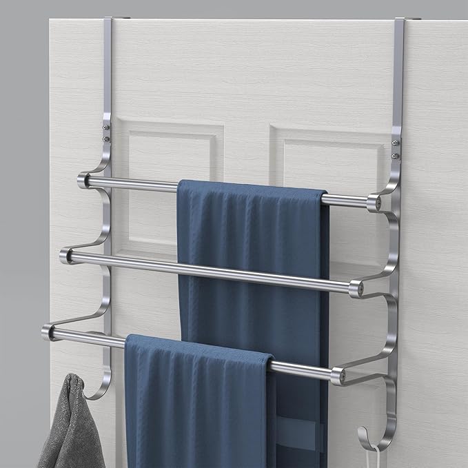 Over The Door Towel Rack, Over Door Towel Rack for Bathroom Door, Triple Towel Storage Holder with Hooks (Silver)