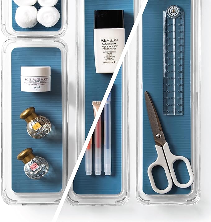 BINO | 4-Piece Drawer Organizer Bin Set - Navy, Small | THE MODULAR+ | Multi-Purpose Storage | Soft-Grip Lining and Non-Slip Rubber Feet | Durable | BPA-Free | Desk Drawer Organizer | Vanity Organizer