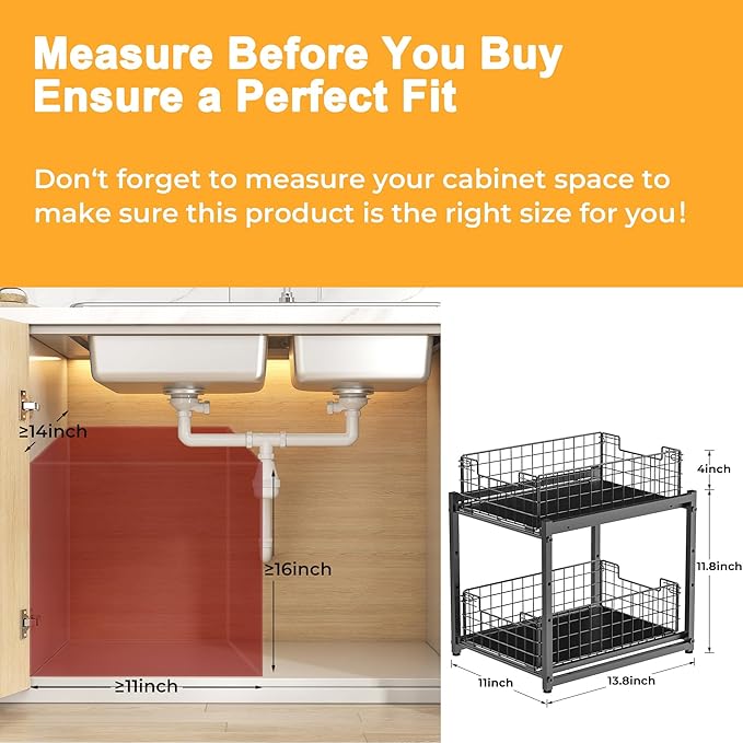 Under Sink Organizer, 2-Tier Pull Out Cabinet Organizer, Adjustable Height Bathroom Organizer and Storage, Spice Rack for Kitchen, Sliding Drawers Shelves 13.8×11×15.8 Inch (1 Pack)