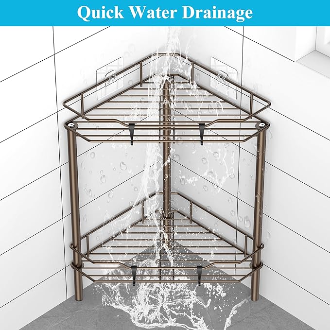 2 Tier Floor Standing Corner Shower Caddy Organizer Shelf with Hooks, Bathroom Shelves Stand Rack, Bronze