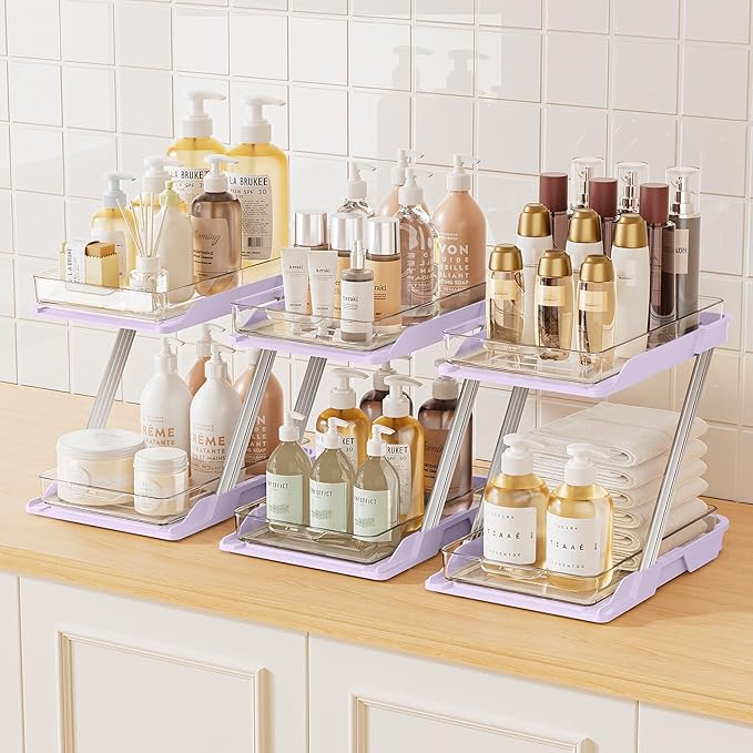 3 Pack Bathroom Organizers and Storage - Multi-Purpose,2-Tier Clear Pull Out Organization for Bathroom,Under Sink,Kitchen,Vanity,Countertop,Cabinet,Pantry & Medicine Cabinet,Pink