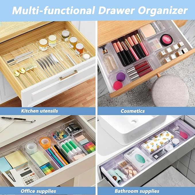 15PCS Clear Drawer Organizer Set, 4 Sizes Desk Drawer Divider Organizers Storage Bins for Bathroom,Kitchen,Office,Vanity Organizers Tray for Jewelry, Makeup, Junk, Gadgets