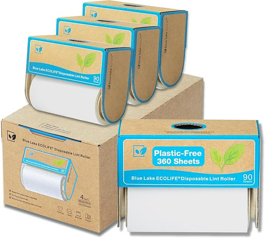 Blue Lake ECOLIFE Plastic-Free Lint Roller – 4-Pack (360 Sheets) | Extra Sticky & Eco-Lint Remover| Ideal for Clothes, Furniture & Carpet(4 Pack-360 Sheets)