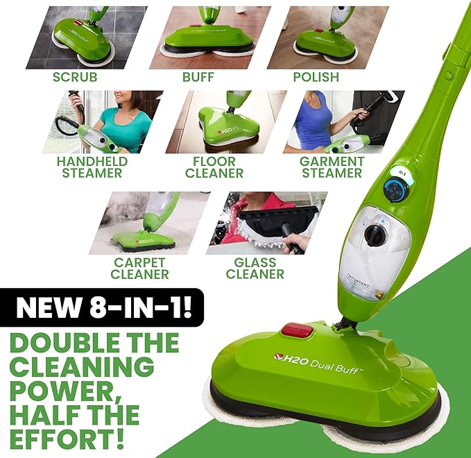 H2O X5 Dual Buff Steam Mop, 8 in 1 Handheld Steam Cleaner For Kitchen Tile Floors, Hardwood Floors, Grout Cleaner, Upholstery Cleaner and Carpets, 2 washable scrub pads, 11 cleaning accessories