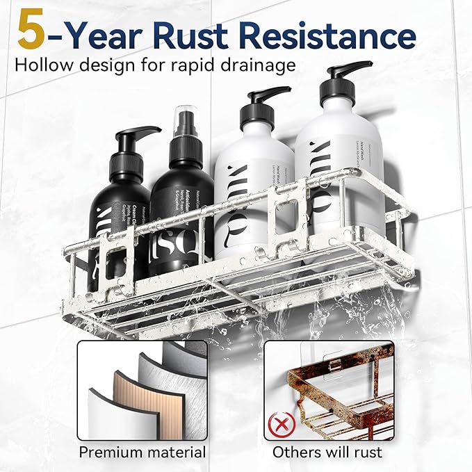 YASONIC Shower Caddy Adhesive, No Drill Bathroom Shower Organizers, with Removable Hooks, Rust Proof Shower Shelves, Wall-Mounted Shower Holder, 2 Pack Silver