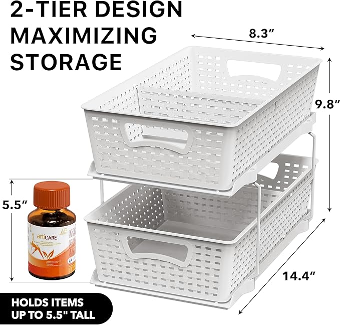 Simple Houseware 2 Tier Bathroom Organizer Tray Pull-Out Sliding Drawer, Under Sink Storage, White