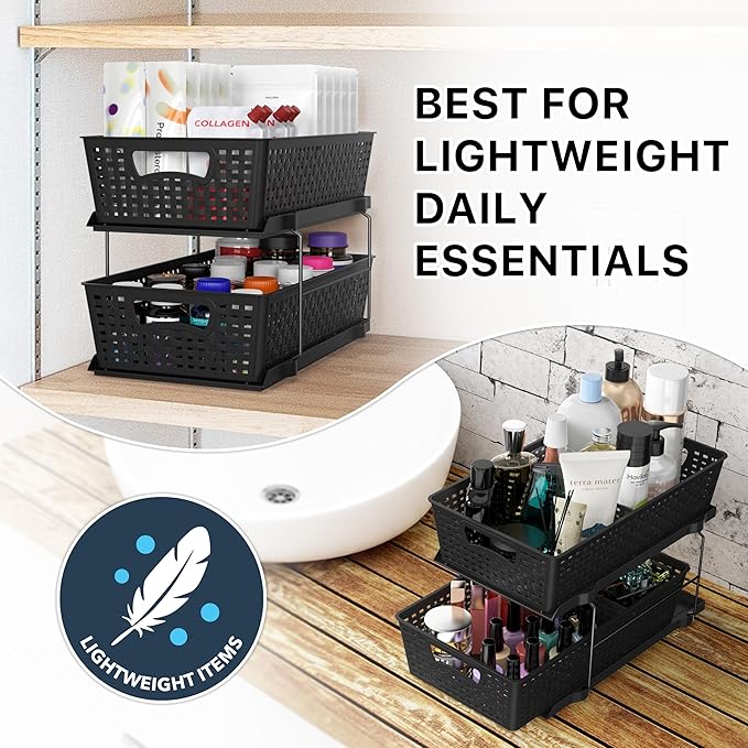 Simple Houseware 2 Tier Bathroom Organizer Tray Pull-Out Sliding Drawer, Under Sink Storage, Black