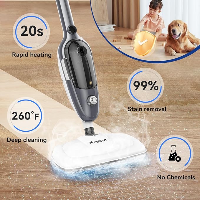Steam Mop - All-in-one Powerful Handheld Steam Cleaner Detachable Floor Steamer with 11 Accessories, MultiPurpose Steamer for Hardwood Floors, Clothes,Windows,Tiles,Carpet, Whole Home Use,Grey