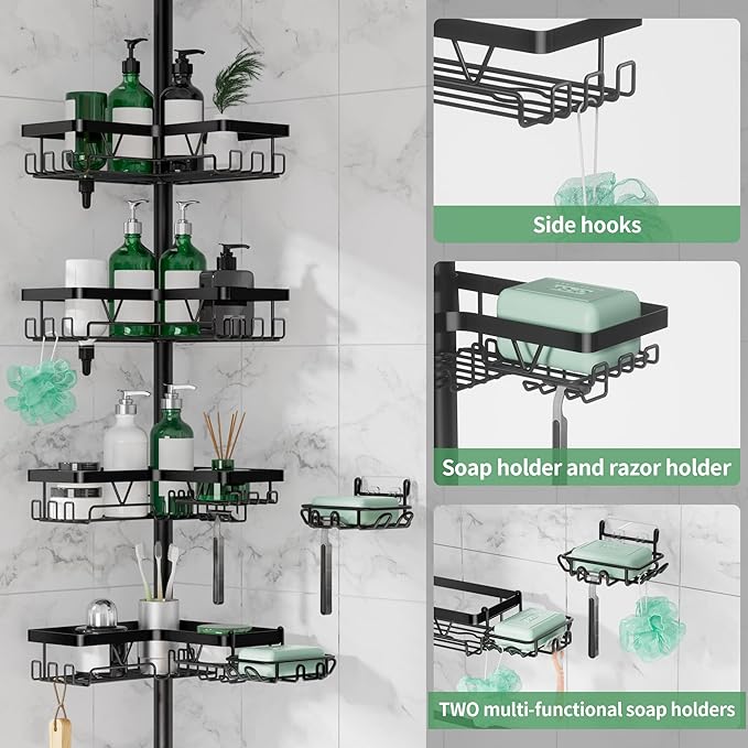 Tension Pole Shower Caddy, 4-Tier Stainless Steel Shower Organizer with 2 Removable Soap Holders, 25 to 114.2 Inches, for Bathtub/Bathroom Corner, Renters Friendly, Black