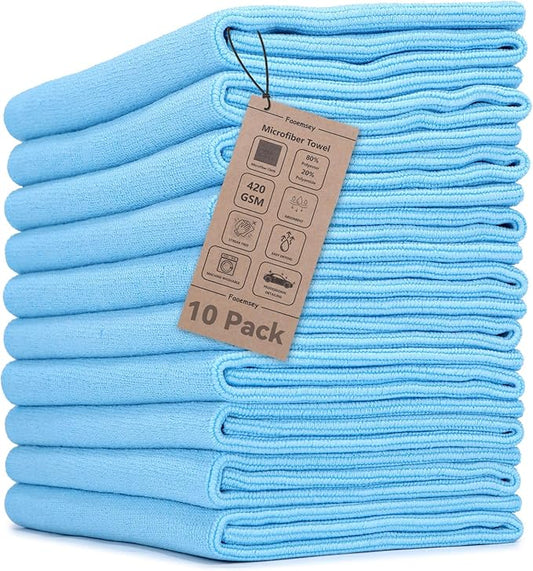 10-Pack (16"x16") 420GSM Premium Edgeless Microfiber Towels for Cars, Ultra-Soft Absorbent, Scratch-Free, Lint-Free, Professional Detailing Cloth for Home Cleaning, Trucks and More, Sky Blue
