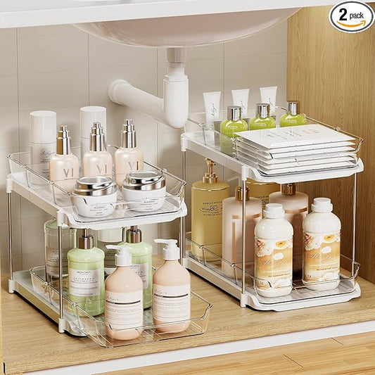 LAMU 2 Pack Bathroom Organizers and Storage, 2-Tier Stackable Under Sink Storage with Pull-Out Drawers & Dividers, Medicine Cabinet Organizer for Kitchen Pantry Organization
