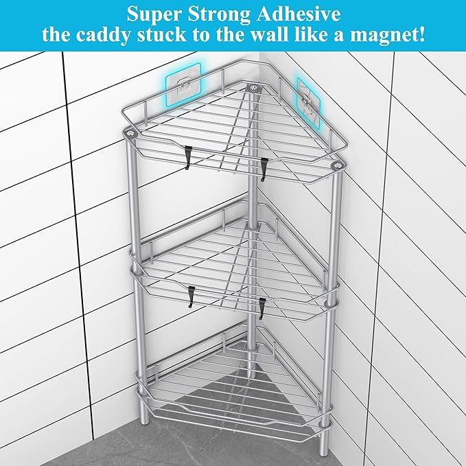 3 Tier Floor Standing Corner Shower Caddy Organizer Shelf with Hooks, Bathroom Shelves Stand Rack, Silver