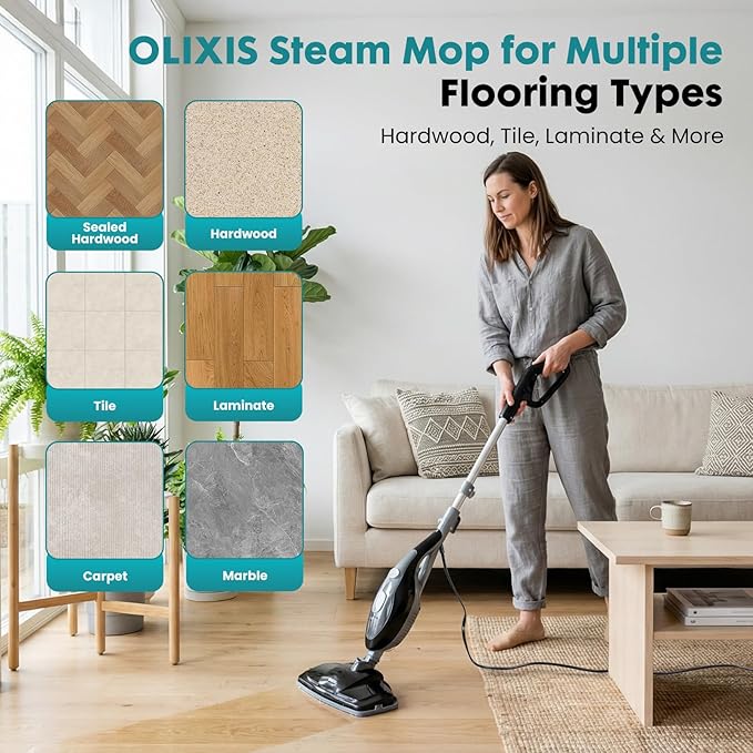 OLIXIS 10-in-1 Steam Mop, 1550W Detachable Handheld Steam Cleaner for Floor Cleaning, 16FT Cord, 2 Washable Pads, Multi-Purpose Floor Steamer for Hardwood, Carpet, Tile, Grout, Windows, Black Grey