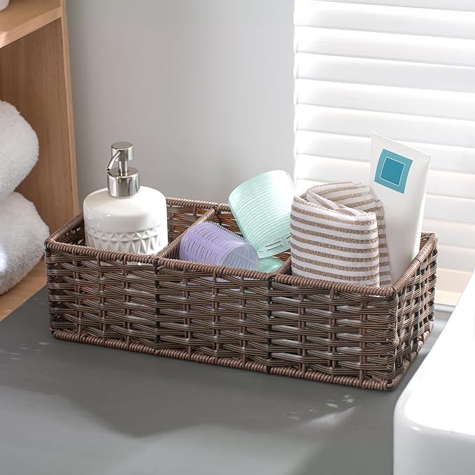 myHomeBody Wicker Basket With 3 Compartments, For Toilet Tank Paper Rolls, Hand Woven Bathroom Countertop Organizer, Bedroom Organization, 1pc, Dark Walnut