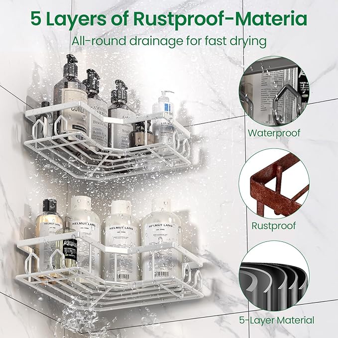 Adhesive Shower Caddy, 2 Pack Corner Bath Organizer, Rustproof Stainless Steel Shower Shelves with Large Capacity, No Drilling Shelves for Bathroom Storage, Home, Kitchen Décor (White).