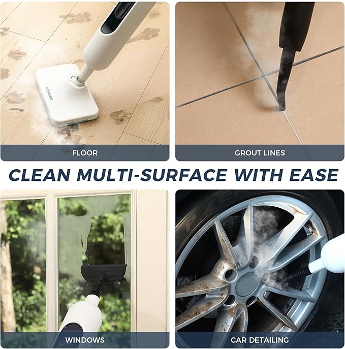 Steam Mop with 11 Attachments, 20-Second Heat-Up, 12 fl oz Tank, 22.9 ft Power Cord, Handheld Home Steam Cleaner for Multi-Surface Hard Floors, Kitchen, Barthroom, Tiles, Cars, Furniture