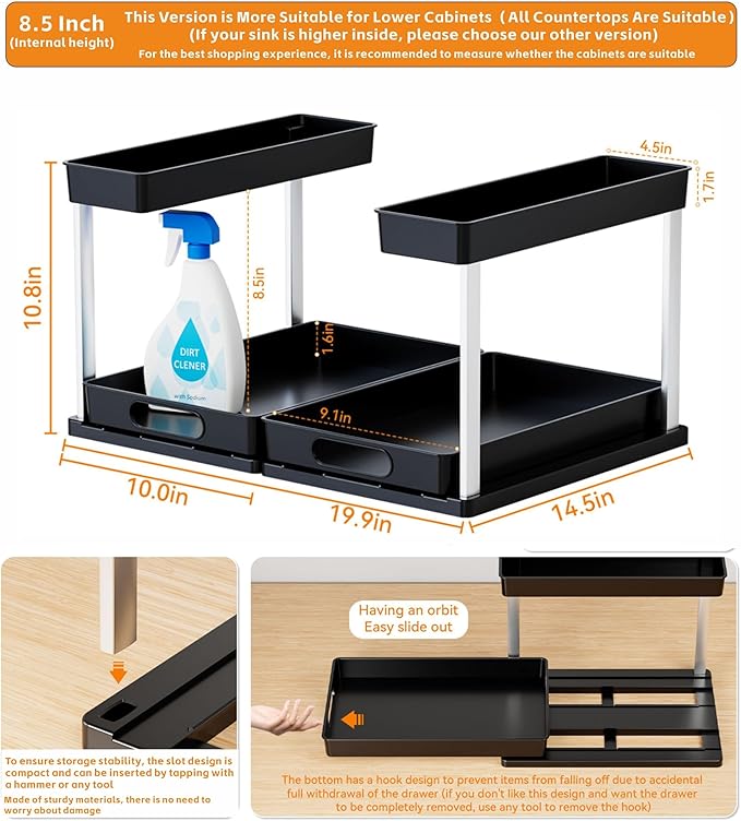 Yieach 2 Pack 10.8″ High Pull Out Under Sink Organizer,14.5″ Deep 2 Tier Slide Out Cabinet Organizer for Kitchen Cabinet,Undersink Organizers,Under Sink Shelves,Bathroom Organizers and Storage,Black
