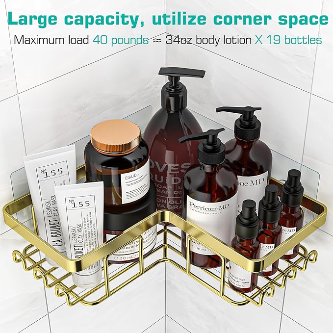 YASONIC Corner Shower Caddy, 3-Pack Adhesive Bathroom Caddy with Soap Holder and 12 Hooks, Rustproof Stainless Steel Shower Organizer, No Drilling Wall Mounted Shower Rack, for Bathroom, Gold