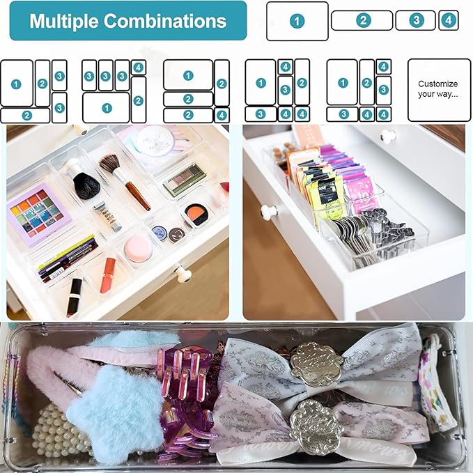 15 Pack Clear Plastic Drawer Organizer Set - 4 Sizes Makeup Vanity Organizer Chest of Drawers Storage Stackable Organizers Bins Divider Box for kitchens, Bedrooms, Bathrooms, Offices, Junk, Gadgets