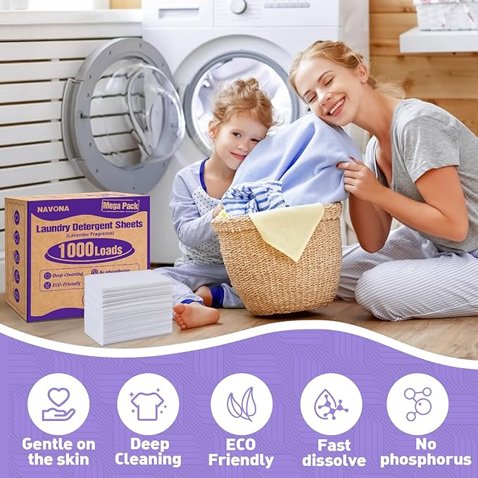 1000 Loads Mega Pack Laundry Detergent Sheets, Eco-friendly Laundry Sheets, Powerful Cleaning, Suitable for Homes, Dorms, and Apartments - [Lavender Fragrance]