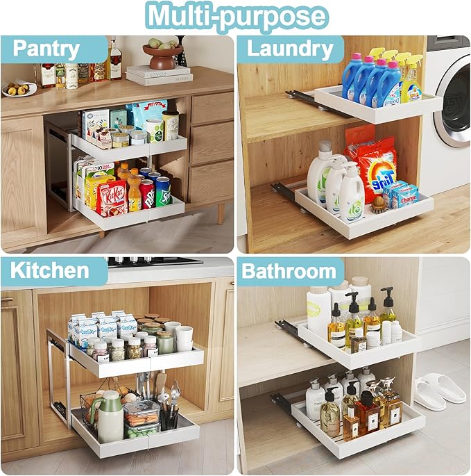 Golener 2-Tier Expandable Pull Out Cabinet Organizer - Slide Out Drawers for Kitchen Cabinets, Bathroom Organizers and Storage, Under Sink Organizer for Kitchen Storage Organization, White Metal Frame