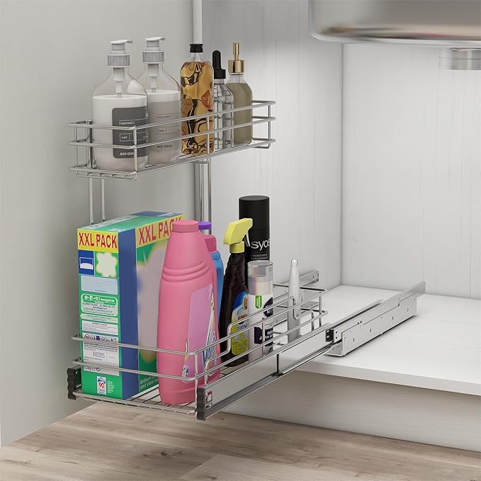 Under Sink Organizer 9" W X17 D, Pull Out Cabinet Organizer 2 Tier, Under Sink Slide Out Chrome Plated, Under Kitchen Bathroom Organizer, Pantry Cabinet Closet Organization Rack, 1 Pack