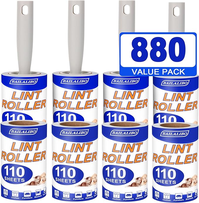 Lint Rollers for Pet Hair Extra Sticky, 880 Sheets Mega Value Set for Clothes, Mini Travel with 4 Handles 8 Refills, Lint Remover for Dog, Cat, Furniture, Carpet