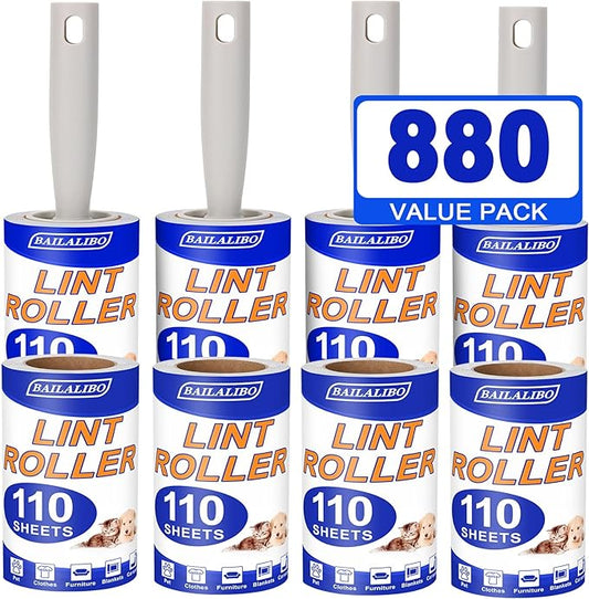Lint Rollers for Pet Hair Extra Sticky, 880 Sheets Mega Value Set for Clothes, Mini Travel with 4 Handles 8 Refills, Lint Remover for Dog, Cat, Furniture, Carpet