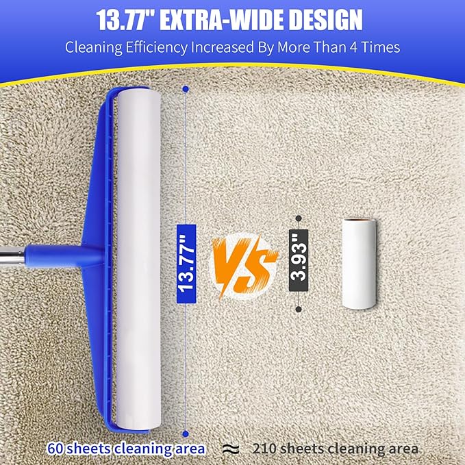 COBETE 13.77" Large Extra Sticky Lint Roller, 69.88" Long Handle Lint Remover with 6 Rollers for Clothes, Cat Dog Pet Hair, Furniture, Couch, Carpet, Floor，Painted Wall Cleaner Mop Dust Cleaning