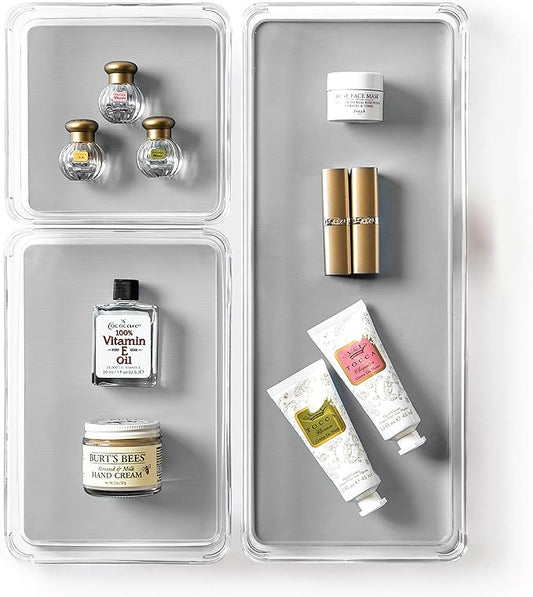 BINO | 3-Piece Drawer Organizer Bin Set - Grey, Large | THE MODULAR+ | Multi-Purpose Storage | Soft-Grip Lining and Non-Slip Rubber Feet | Durable | BPA-Free | Desk Drawer Organizer | Vanity Organizer