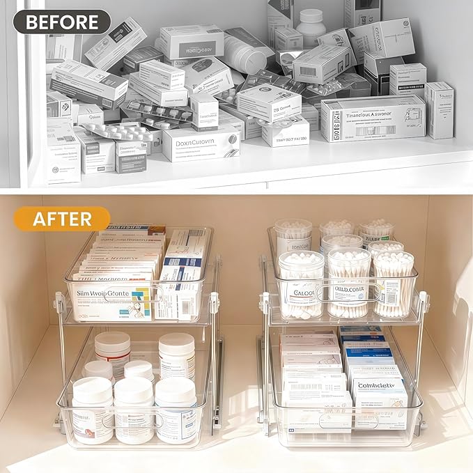 2 Pack Under Sink Organizer, 2 Tier Clear Bathroom Organizers and Storage, Pull-Out Medicine Cabinet Organizer, Multi-Purpose Cabinet Organizer with Track for Bathroom, Kitchen, Pantry, Vanity Storage