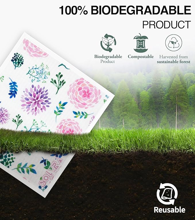 10 PCS Flower Print Swedish Dishcloths for Kitchen,100% Biodegradable, Reusable Cellulose Sponge Cloths, Ultra Absorbent, Eco Friendly Cleaning Towels Dishcloths for Washing Dishes & General Cleaning