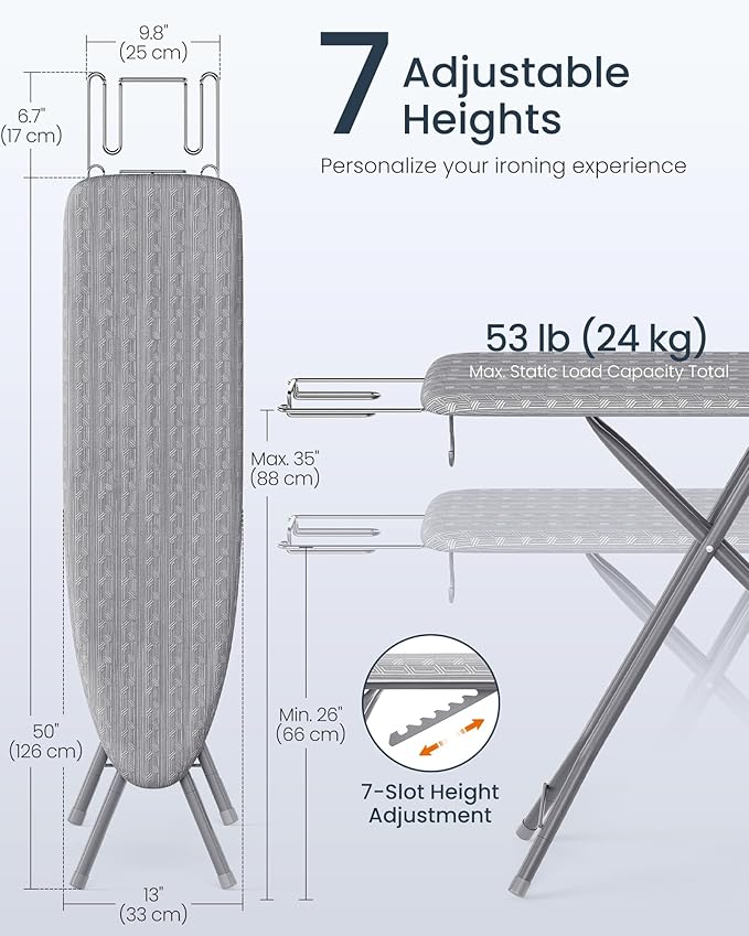 SONGMICS Ironing Board, Foldable Iron Board, Height Adjustable up to 35 Inches, with 4 Layered Cover and Pad, Iron Rest, Hook, Steel X-Legs, for Home, Laundry Room, Dorm, Dove Gray ULLB001G01