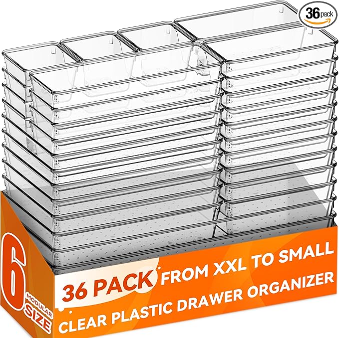 Criusia 36 Pack Large Clear Plastic Drawer Organizer Bins - 6 Size Acrylic Kitchen Drawer Organization and Storage for Utensils Gadgets, Office Bathroom and Vanity Organizer for Makeup Accessoires