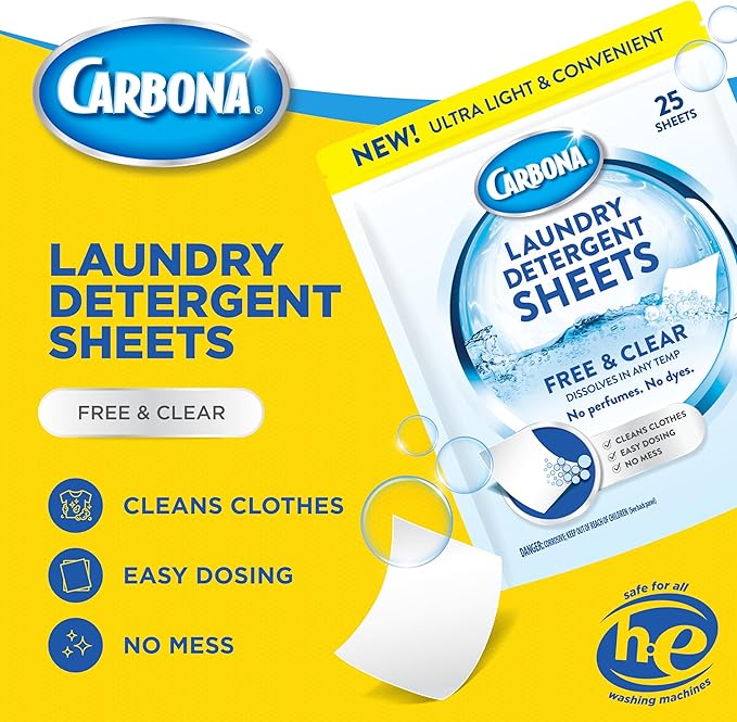 Carbona Laundry Detergent Sheets | Eco-Friendly Washing Detergent | Up to 50 Loads (25 Sheets) | Stain Remover | No Perfume or Dyes | Free & Clear