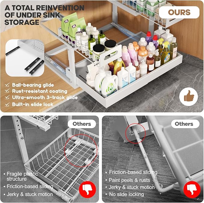 1 Pack Expandable Under Sink Organizers And Storage With Upgrade Ball-Bearing Slide Tracks,2-Tier Pull Out Under Cabinet Organizer Height Adjustable,Slide Out Under Sink Drawers-White(Patent Pending)