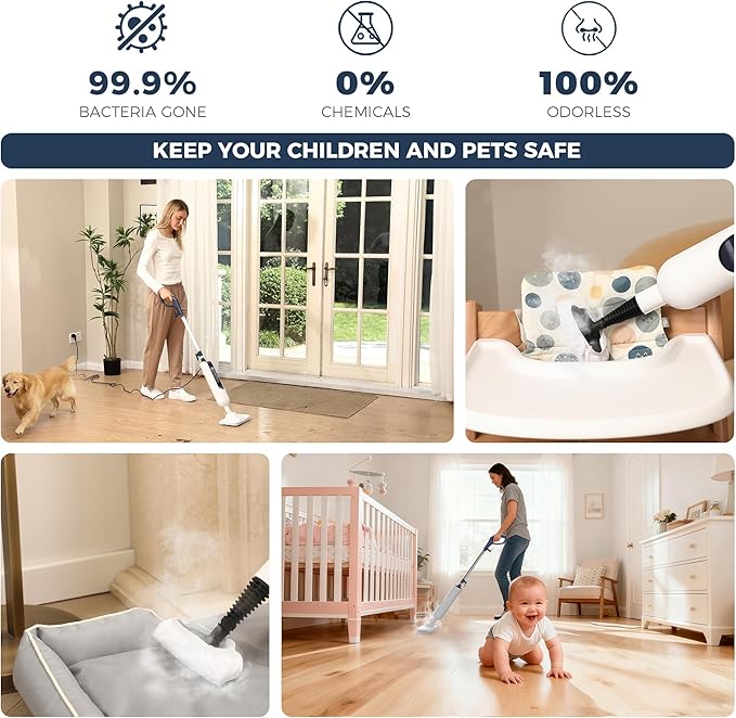 Steam Mop with 11 Attachments, 20-Second Heat-Up, 12 fl oz Tank, 22.9 ft Power Cord, Handheld Home Steam Cleaner for Multi-Surface Hard Floors, Kitchen, Barthroom, Tiles, Cars, Furniture