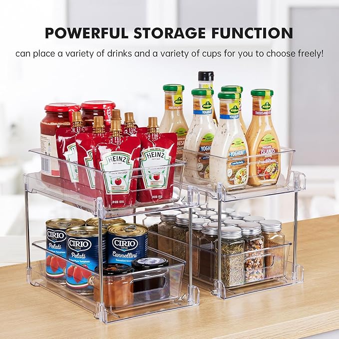 2 Pack Clear Bathroom Organizers and Storage, 2 Tier Pull Out Under Sink Cabinet Organizer Plastic Drawer Organization and Storage for Bathroom and Kitchen