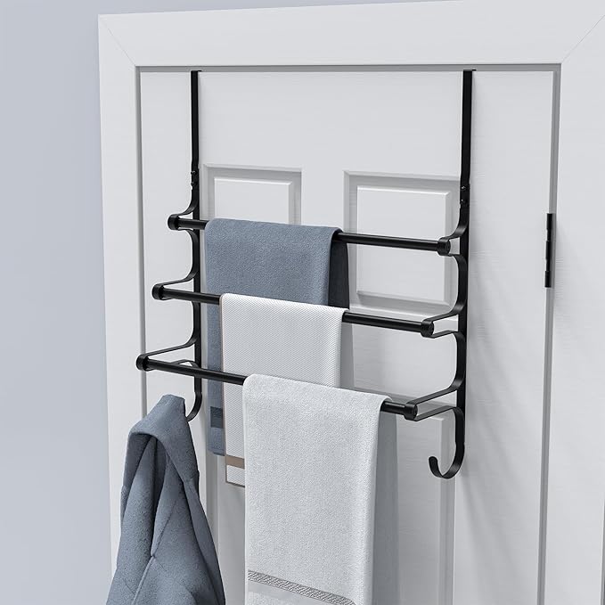 Over The Door Towel Rack, Over Door Towel Rack for Bathroom Door, Triple Towel Storage Holder with Hooks (Matte Black)