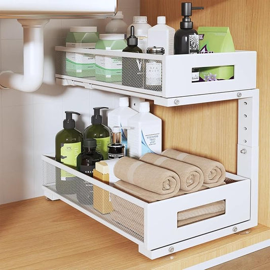 1 Pack 17IN Depth Under Sink Organizer, 2-Tier Pull Out Cabinet Organizer With Smooth Circular Rail, Large Capacity Metal Mesh Sliding Drawers For Bathroom& Kitchen Storage,Height Adjustable –White