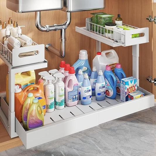 1 Pack-16"-26"W Expandable Under Sink Organizer With Upgrade Ball-Bearing Slide,2-Tier Pull Out Under Cabinet Organizer Height Adjustable,Not Suitable For Cabinets With Partitions In The Middle