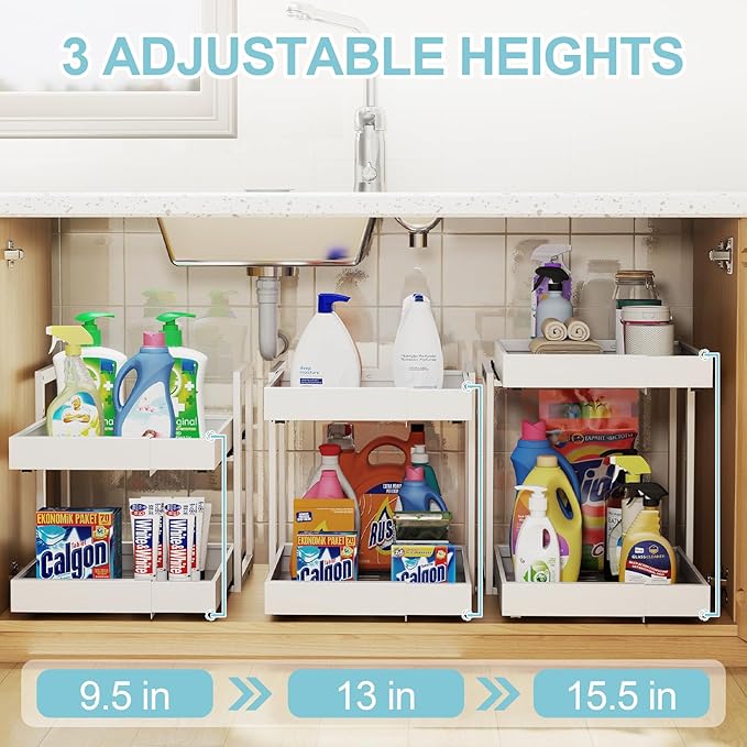 Golener 2-Tier Expandable Pull Out Cabinet Organizer - Slide Out Drawers for Kitchen Cabinets, Bathroom Organizers and Storage, Under Sink Organizer for Kitchen Storage Organization, White Metal Frame
