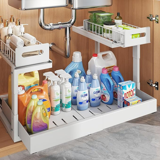 1 Pack Expandable Under Sink Organizers And Storage With Upgrade Ball-Bearing Slide Tracks,2-Tier Pull Out Under Cabinet Organizer Height Adjustable,Slide Out Under Sink Drawers-White(Patent Pending)