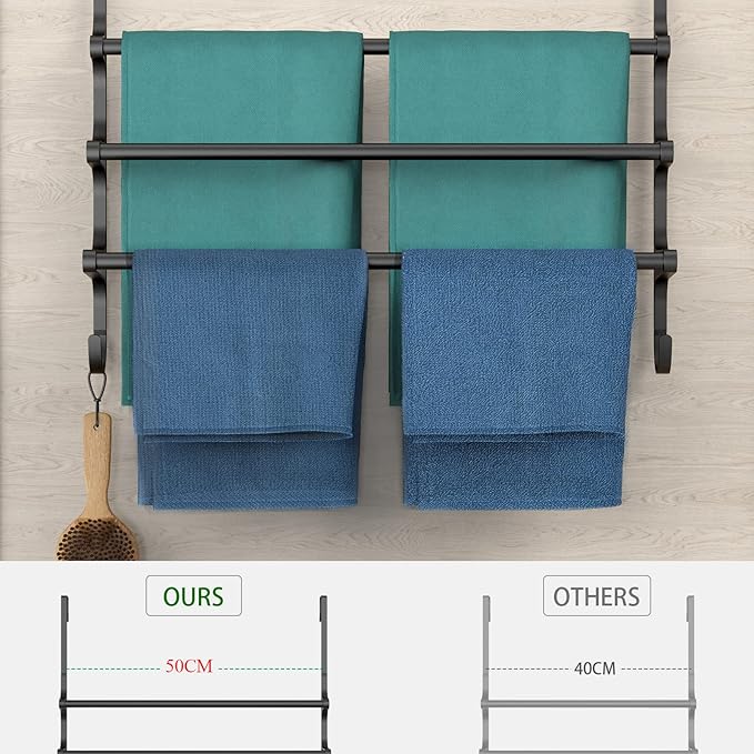 Over The Door Towel Rack, Over Door Towel Rack for Bathroom Door, Triple Towel Storage Holder with Hooks (Matte Black, 20.15" L)