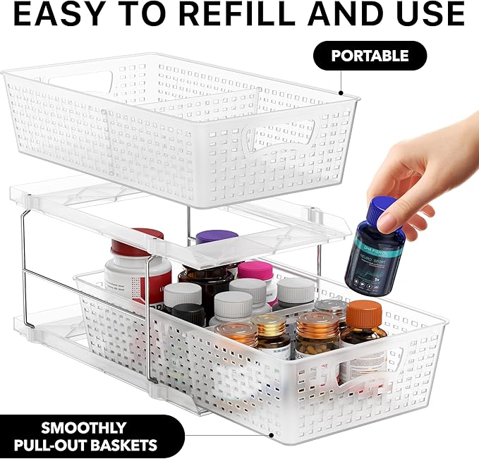 Simple Houseware 2 Tier Bathroom Organizer Tray Pull-Out Sliding Drawer/Under-Sink Storage, Clear