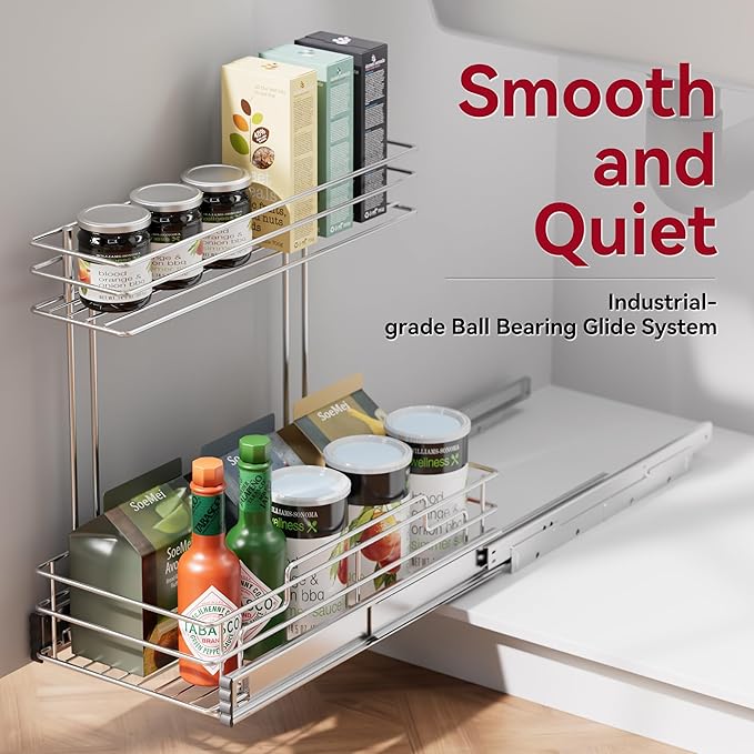 Under Sink Organizer 9" W X17 D, Pull Out Cabinet Organizer 2 Tier, Under Sink Slide Out Chrome Plated, Under Kitchen Bathroom Organizer, Pantry Cabinet Closet Organization Rack, 1 Pack