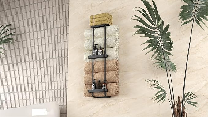 Bathroom Towel Storage, 36.4 Inch Towel Racks for Bathroom Wall Mounted with Shower Caddy with Metal Shelf, Black