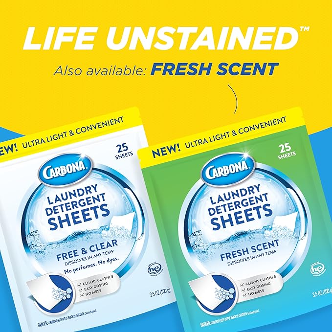 Carbona Laundry Detergent Sheets | Eco-Friendly Washing Detergent | Up to 50 Loads (25 Sheets) | Stain Remover | No Perfume or Dyes | Free & Clear