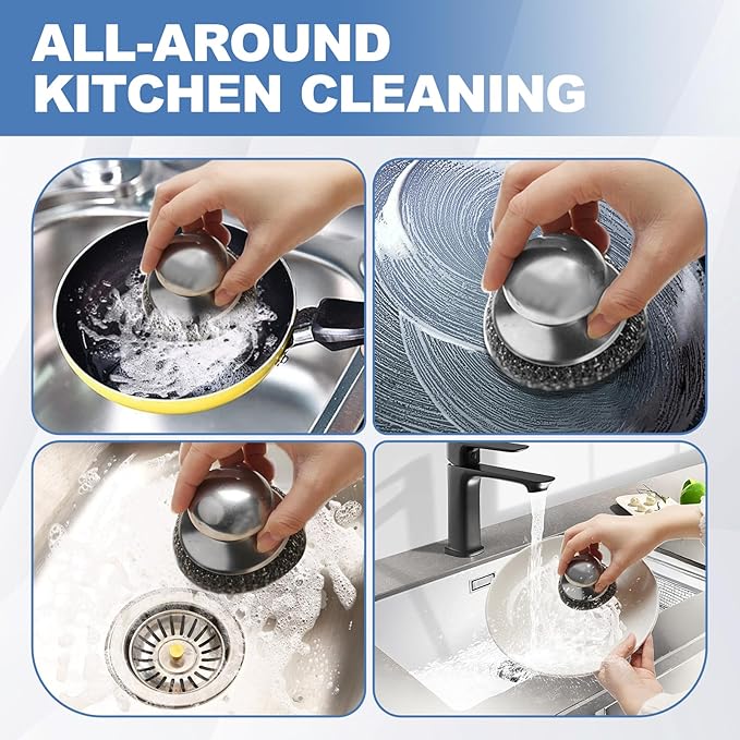 10Pcs Steel Wool Scrubber, Steel Wool Pads with 2Pcs Handle, Stainless Steel Scrubber for Dishes, Kitchen, Cleaning, Stoves, Pots and Pans, Grill, Wash Sink, Cleaning Dishes