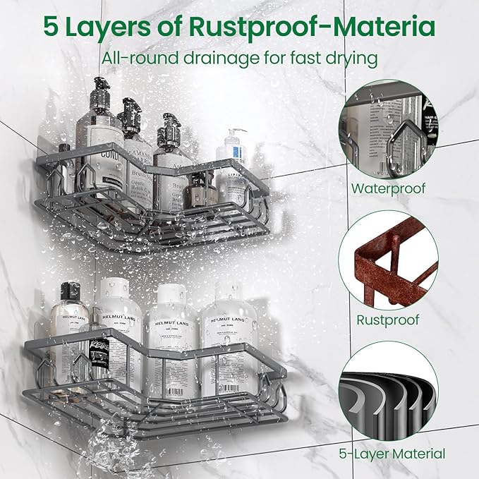 Adhesive Shower Caddy, 2 Pack Corner Bath Organizer, Rustproof Stainless Steel Shower Shelves with Large Capacity, No Drilling Shelves for Bathroom Storage, Home, Kitchen Decor (Dark Grey).